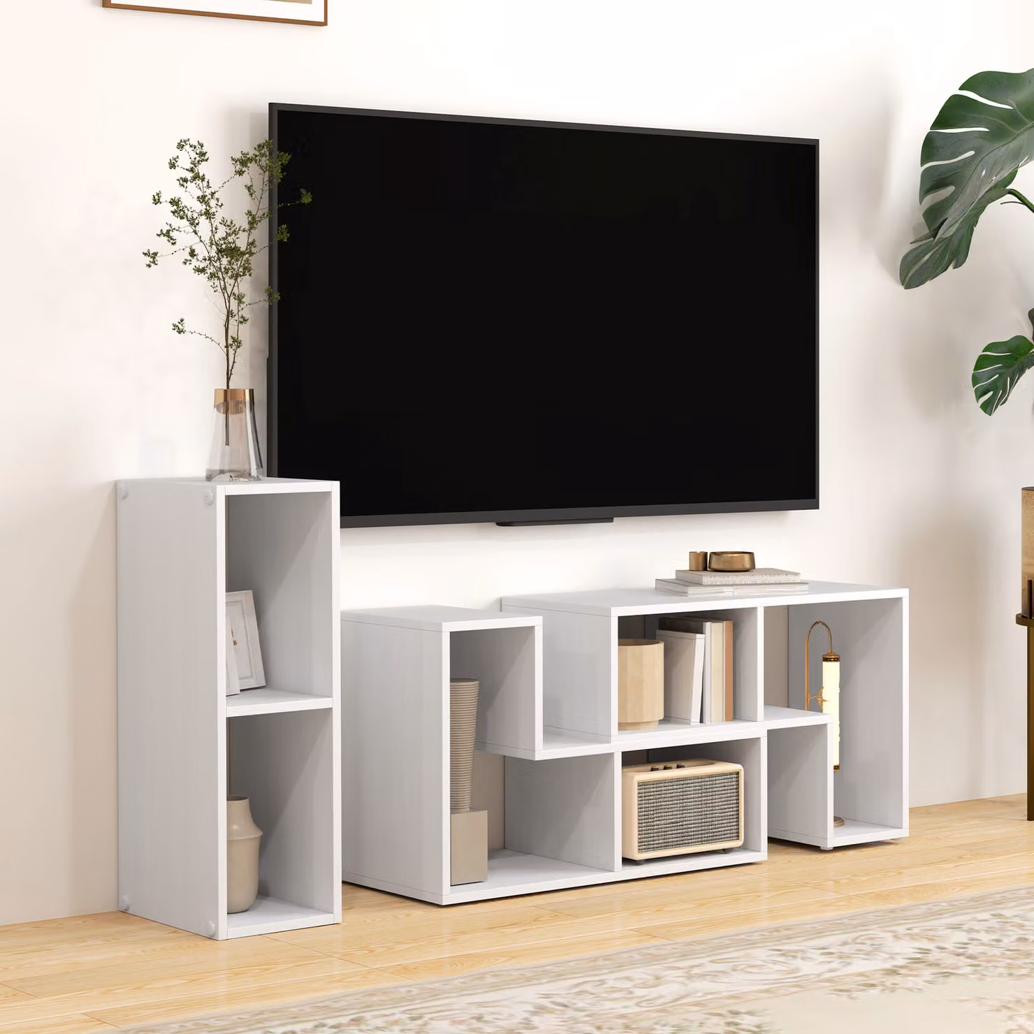 HOMCOM Modular White TV Stand with Storage Shelves and Expandable Entertainment Centre – 2