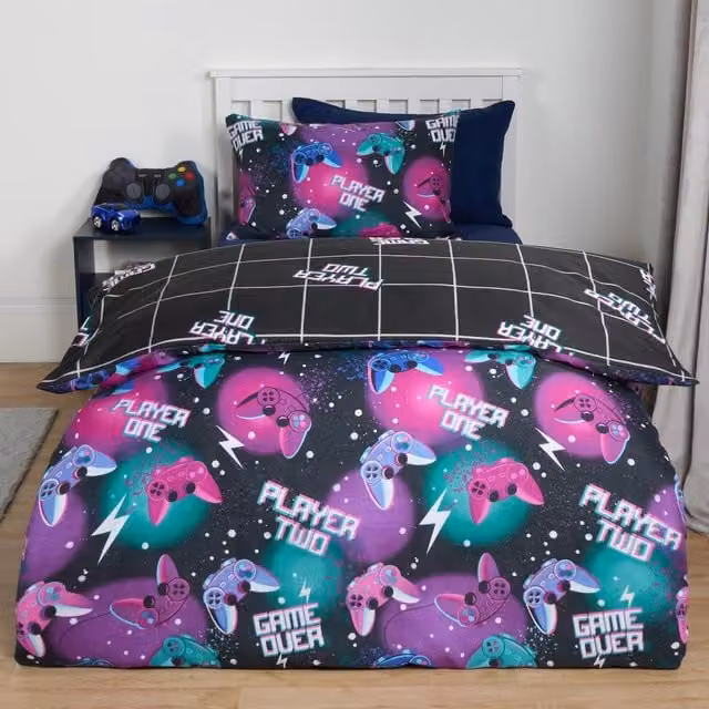 OHS Neon Gaming Reversible Duvet Cover Set, Multicolour, W: 140 cm, L: 200 cm