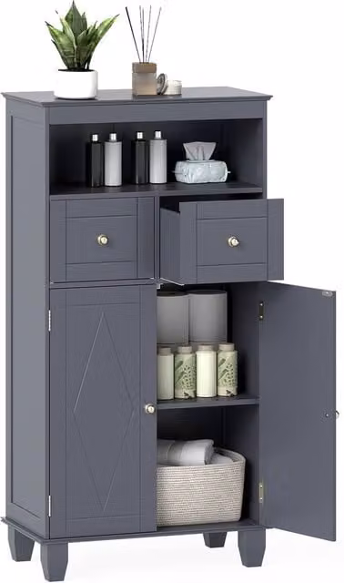 Costway Modern Grey Bathroom Floor Storage Cabinet with Drawers and Shelves – 1