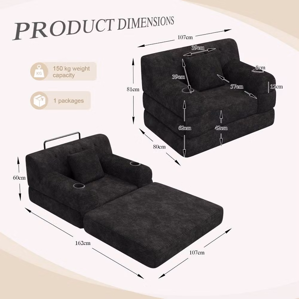 Rolipo Black Corduroy 1-Seater Sleeper Sofa Chair with Cup Holders and Armrests – 2