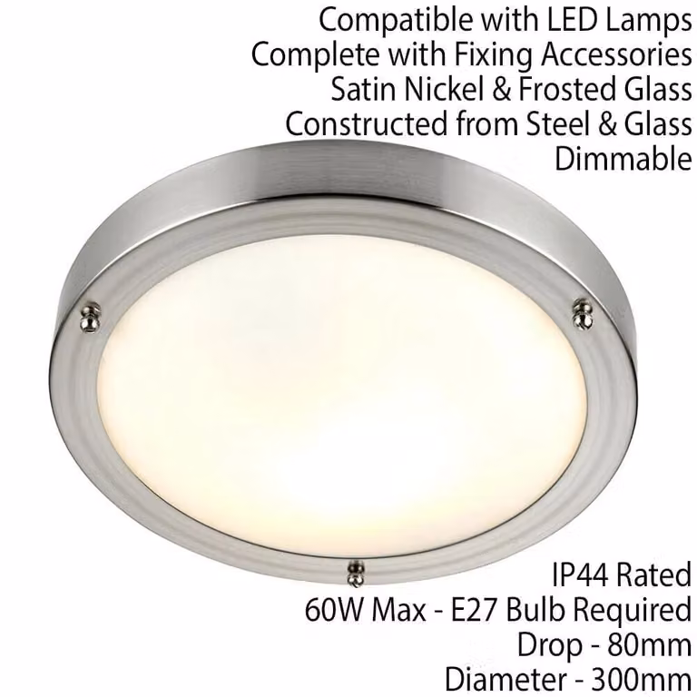 Loops IP44 Outdoor Dimmable Bulkhead Light in Satin Nickel Silver for Bathroom and Ceiling Use