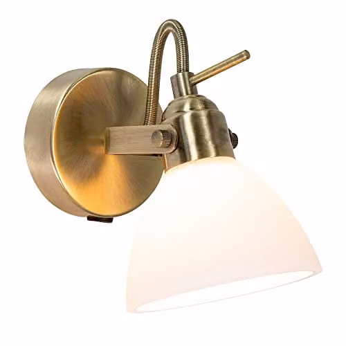 Happy Homewares Modern Adjustable Wall Spot Light in Gold/Brass with White Glass Shade and Rocker Switch – 1