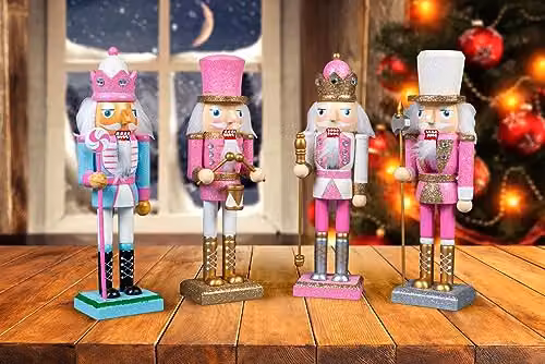SHATCHI Pink and White Wooden Christmas Nutcracker Ornament Set, 4 Pieces, Height: 25 cm – 3