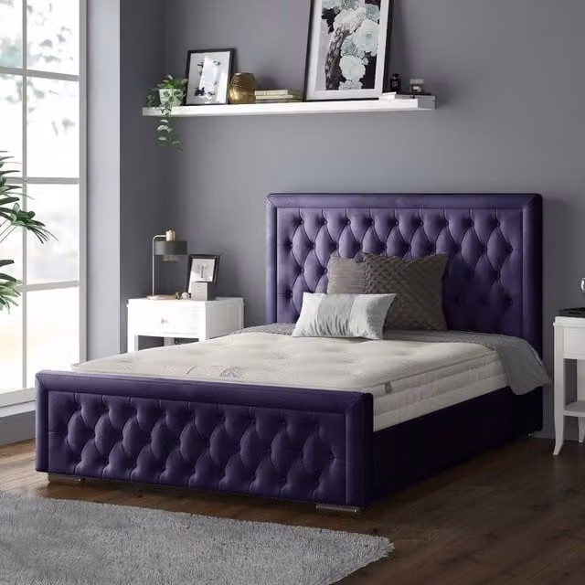 IH Design Chesterfield Upholstered Velvet Bed Frame in Blue or Purple, W: 200 cm x D: 200 cm