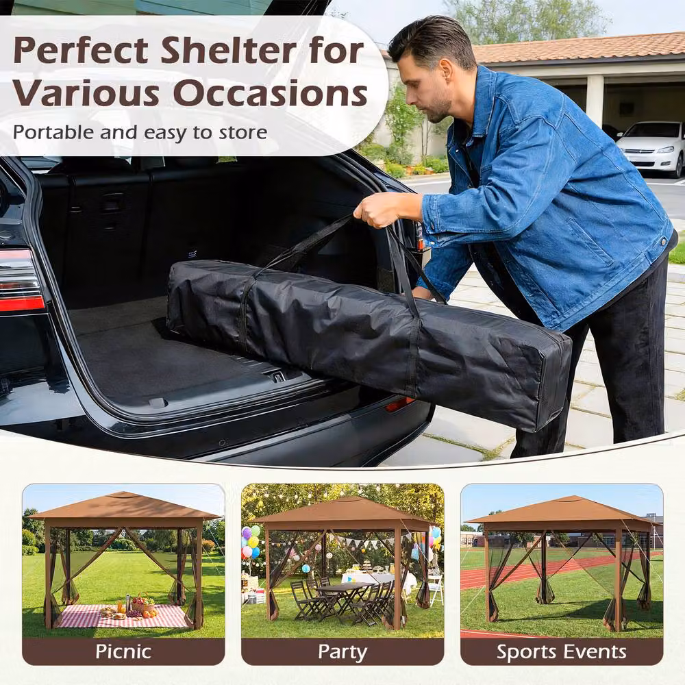 Gymax Instant Pop Up Gazebo with 350cm Mesh Screen and 4 Doors in Brown and Silver, W: 350 cm, D: 350 cm, H: 250 cm – 3