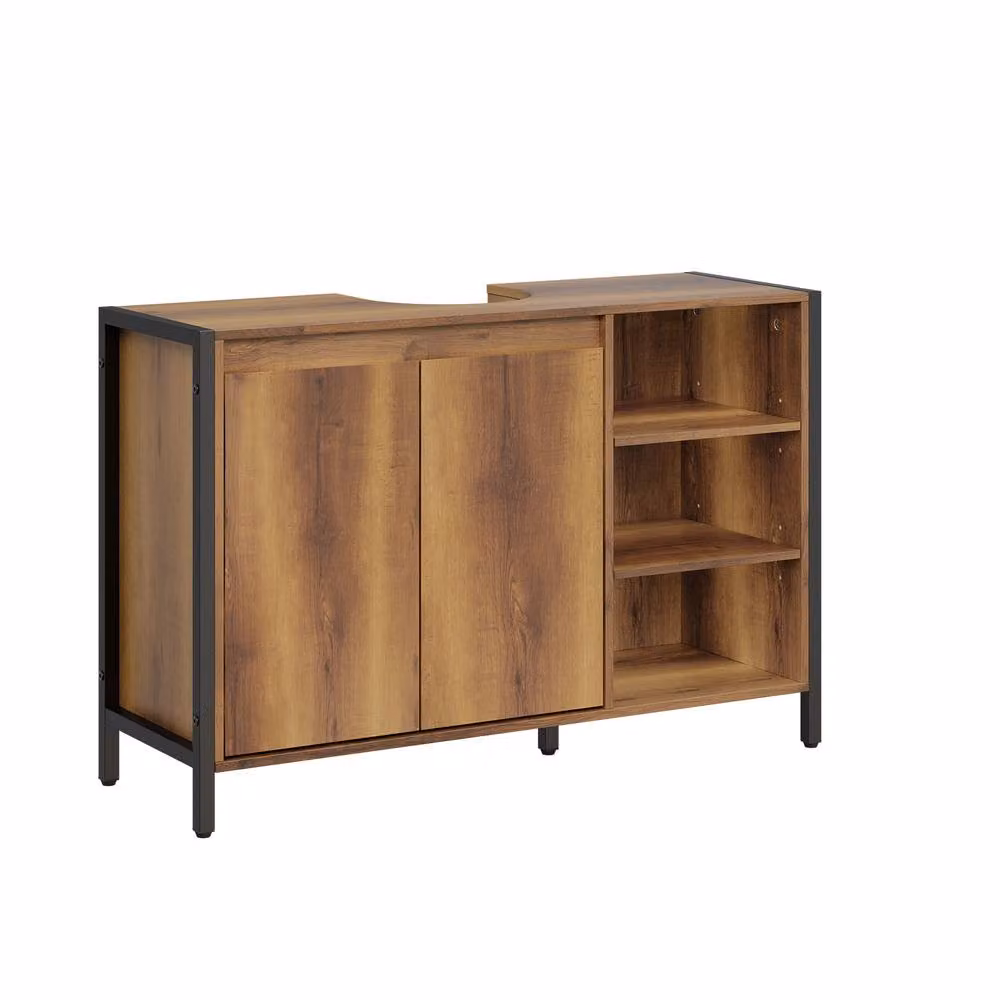 SoBuy Under Sink Bathroom Cabinet in Light Brown Wood Effect with Soft Close Hinged Doors and Internal Shelves – 2