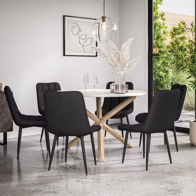 More4Homes Malvern Round Marble Effect Dining Table Set with 6 Nova Dining Chairs in Black and Oak