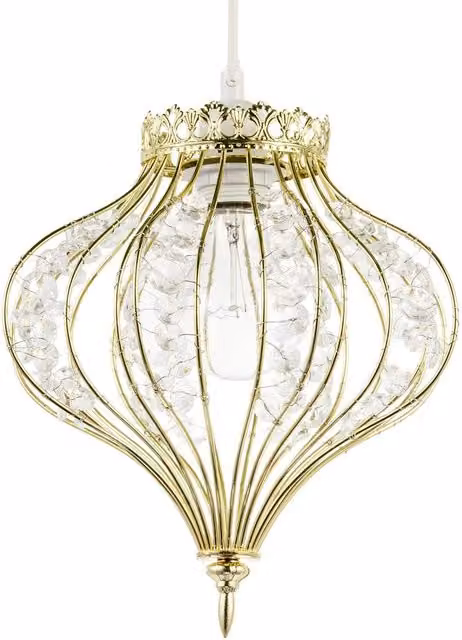 Happy Homewares Teardrop Pendant Lamp Shade in Shiny Gold with Transparent Acrylic Beads – 1