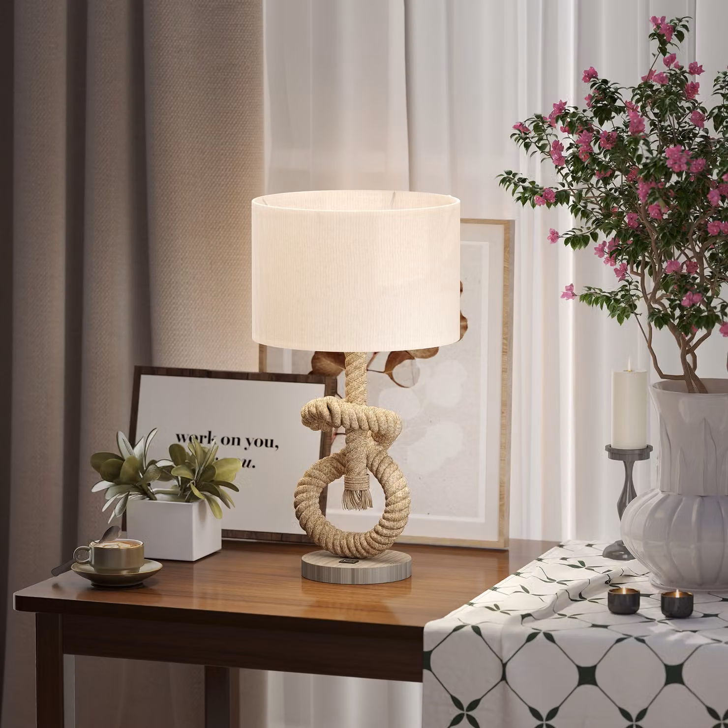 HOMCOM Maritime LED Table Lamp with Touch Control and Warm White Light, Beige and Brown – 2