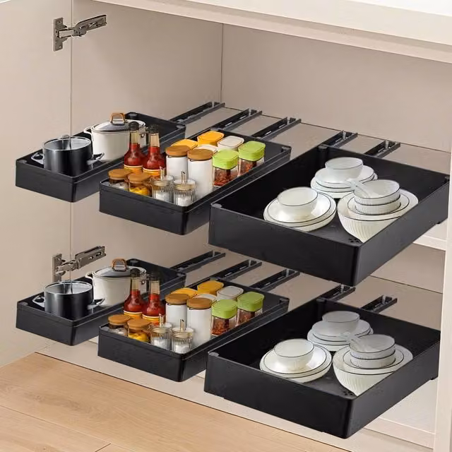 Nordara Black 3-Piece Plastic Pull-Out Cupboard and Drawer Organiser Set