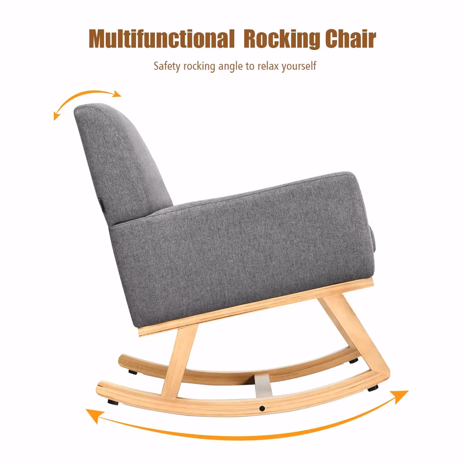 Costway Fabric Upholstered Recliner Rocking Chair in Grey with Solid Wood Frame – 2