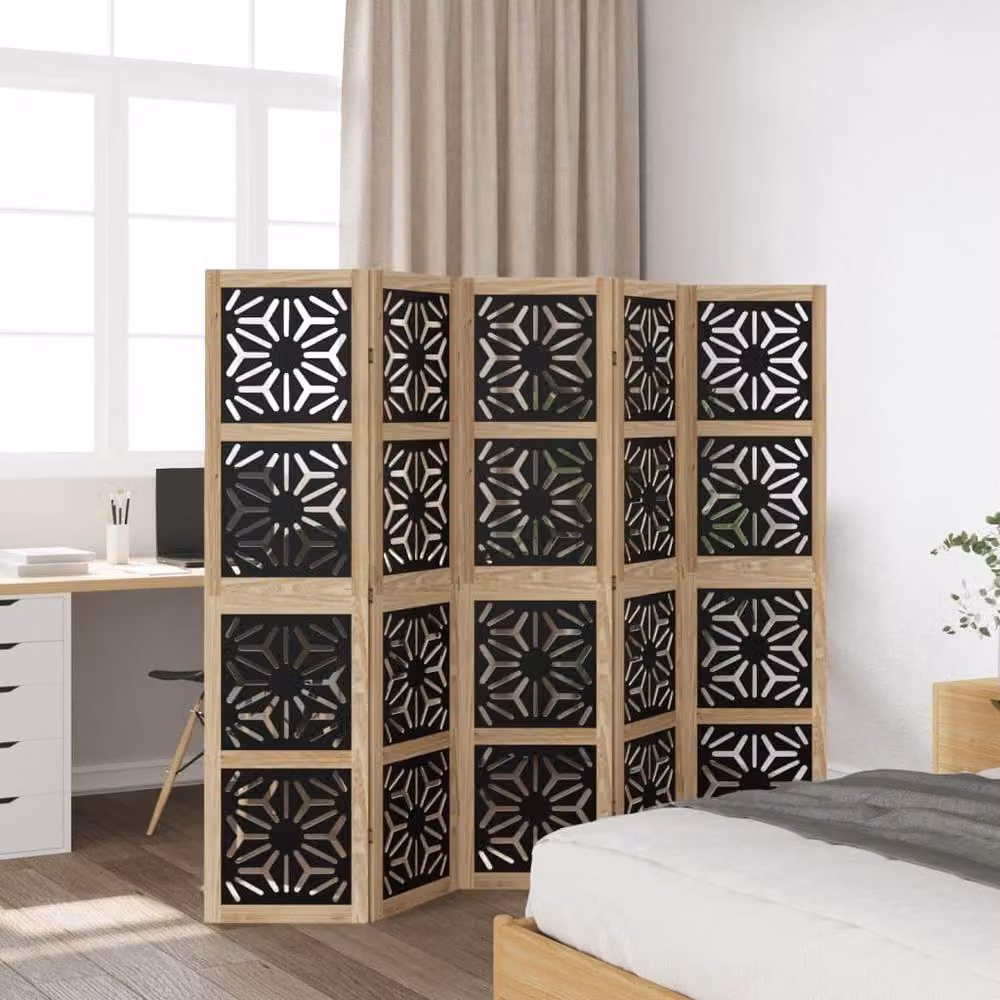 Berkfield Home 5 Panel Geometric Room Divider in Brown and Black Solid Paulownia Wood – 2