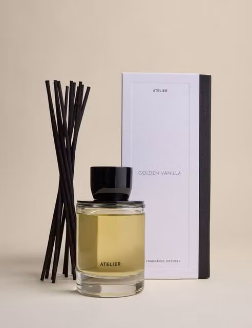 Atelier Golden Vanilla Reed Diffuser, 200ml, Black and Transparent Glass