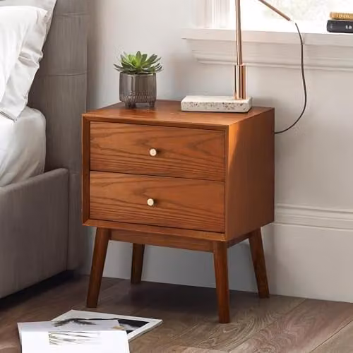 Julian Bowen Lowry 2 Drawer Bedside Table in Cherry Ash Wood, W: 61 cm, D: 46 cm, H: 38 cm