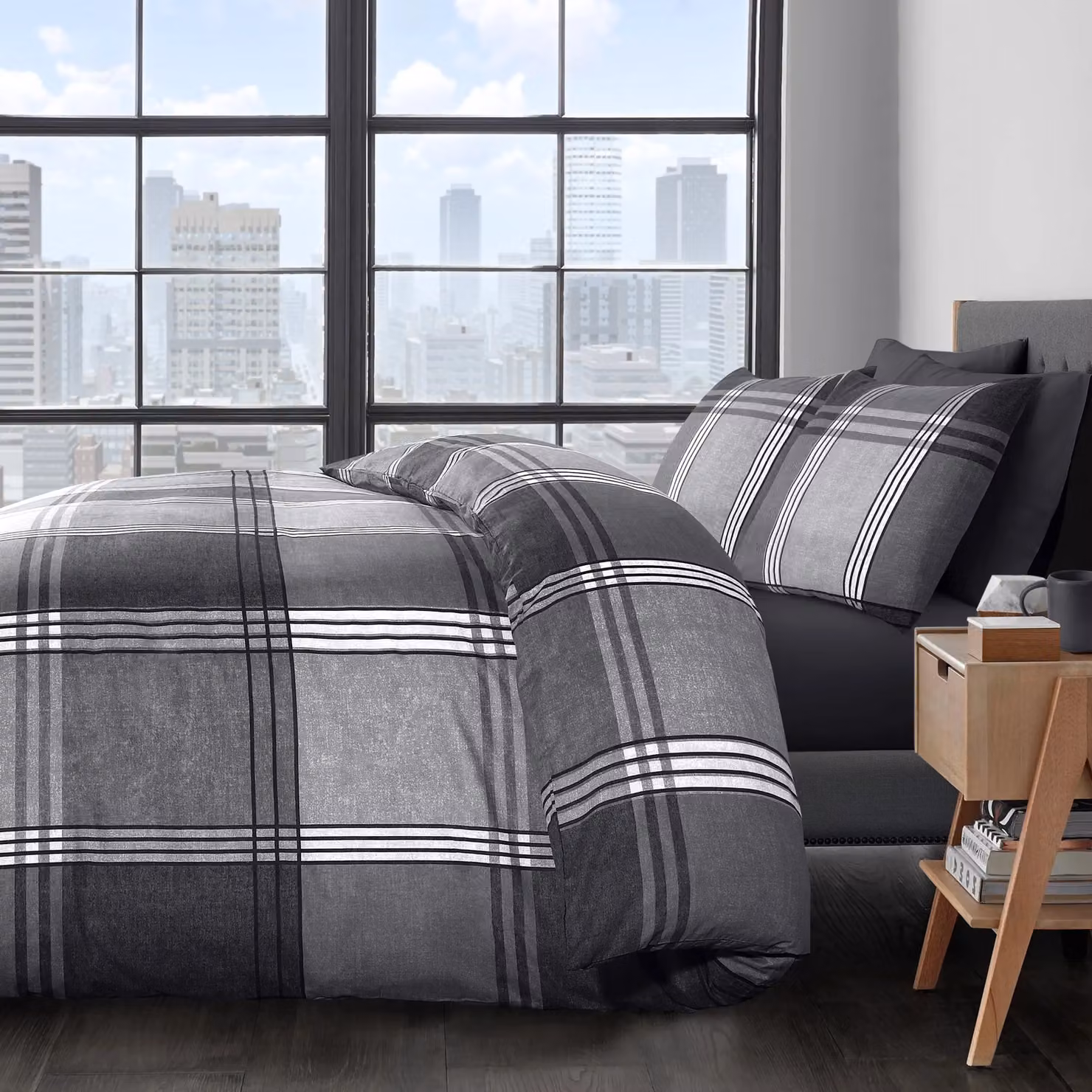 Velosso Hamilton Check Grey Cotton Rich Duvet Cover and Pillowcase Set, W/D/H: 135 x 200 cm and 50 x 75 cm – 2