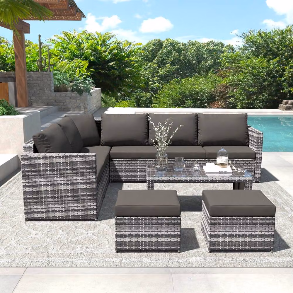 BTM Grey L-Shape Outdoor Rattan Sofa Set with Coffee Table, Ottomans and Upholstered Cushions – 2