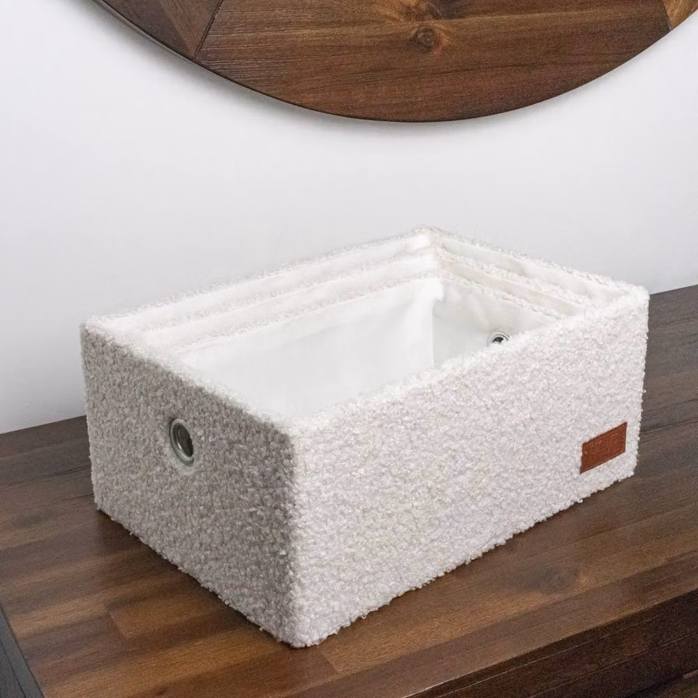 JVL Shiro Set of 3 White Boucle Fabric Rectangular Storage Baskets – 3