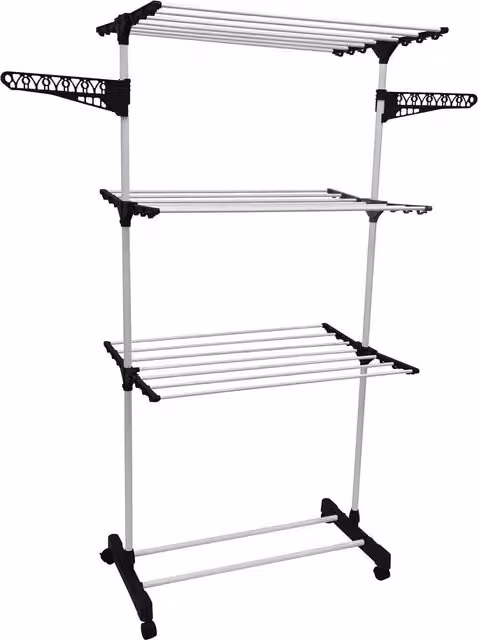 My Laundry 3 Tier Upright Airer in White Metal with Foldable Wing Arms and Wheels