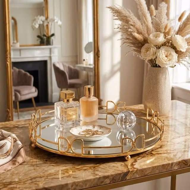 Dynasty Home UK Round Golden Decorative Vanity Tray with Mirror, Diameter: 30 cm – 1