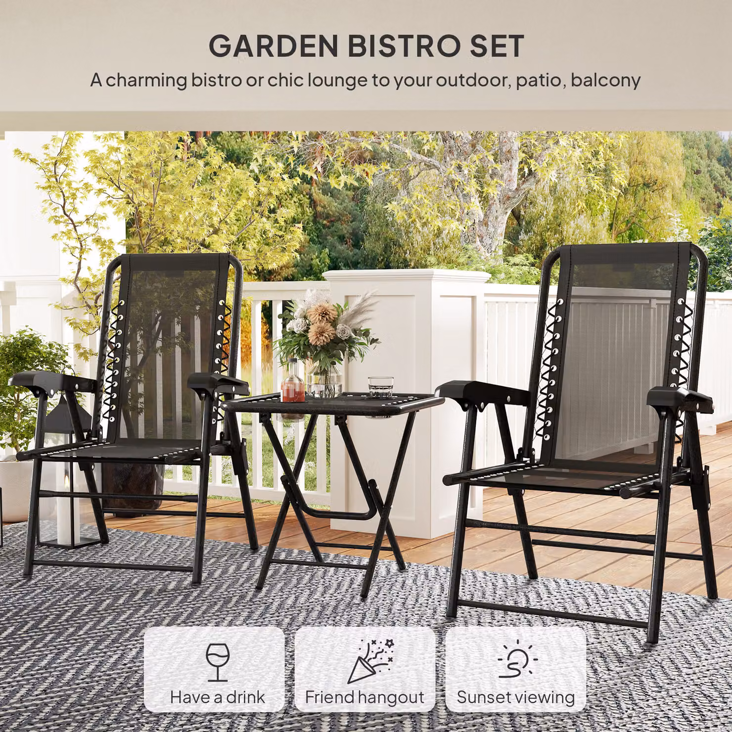 Outsunny Three-Piece Modern Garden Table and Chair Set in Black Matt Powder Coated Steel – 4