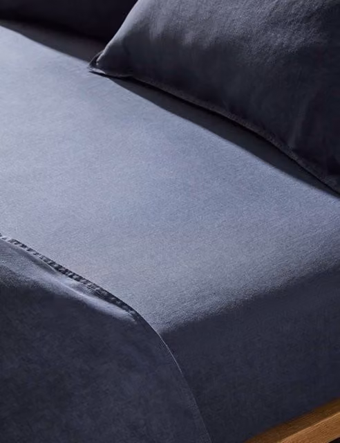 M&S Pure Linen Deep Fitted Sheet, Navy Blue, 180 x 200 cm