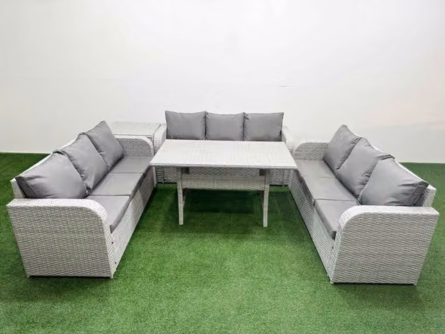 Fimous 9 Seater PE Rattan Outdoor Garden Furniture Set with Rectangular Dining Table, 3 Seater Sofa and Side Table in Light Grey