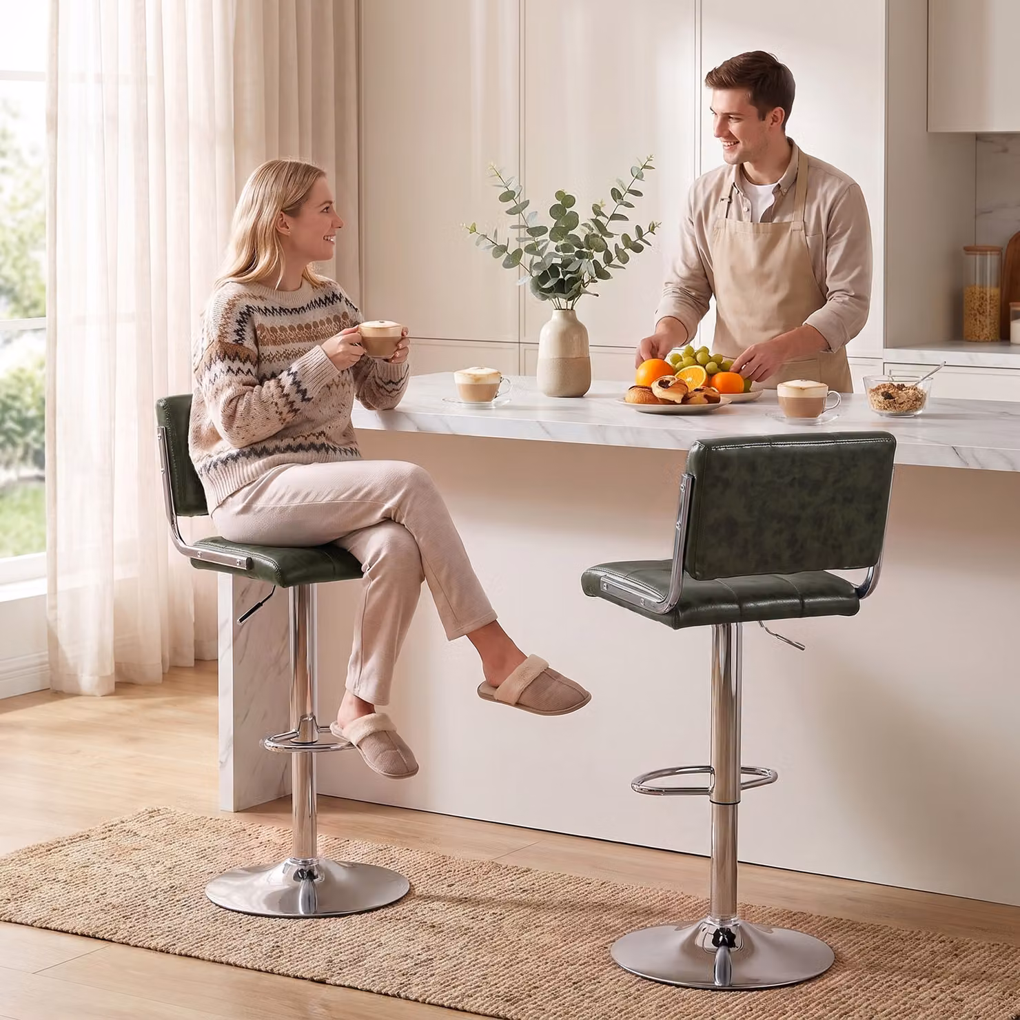 HOMCOM Set of 2 Modern Adjustable PU Leather Bar Stools with Backrest in Green and Silver – 2