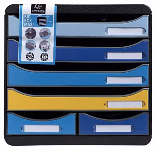 Exacompta BIG-BOX MAXI Document Storage Box in Bee Blue with 4 A4+ Drawers and 2 Small Utensil Drawers, W: 27.8 cm, D: 34.7 cm, H: 27.1 cm