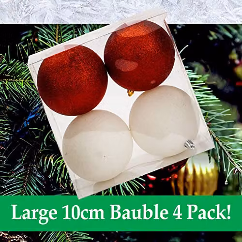 VFM e-Store Red, White and Gold Christmas Baubles (4 Pack) - Round Hanging Tree Decorations – 6