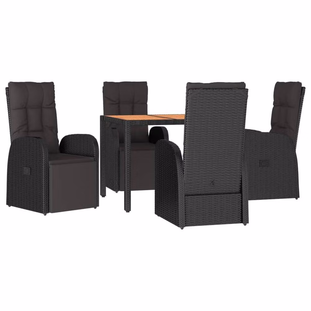 Berkfield Home 5 Piece Black Poly Rattan and Acacia Wood Garden Dining Set – 3