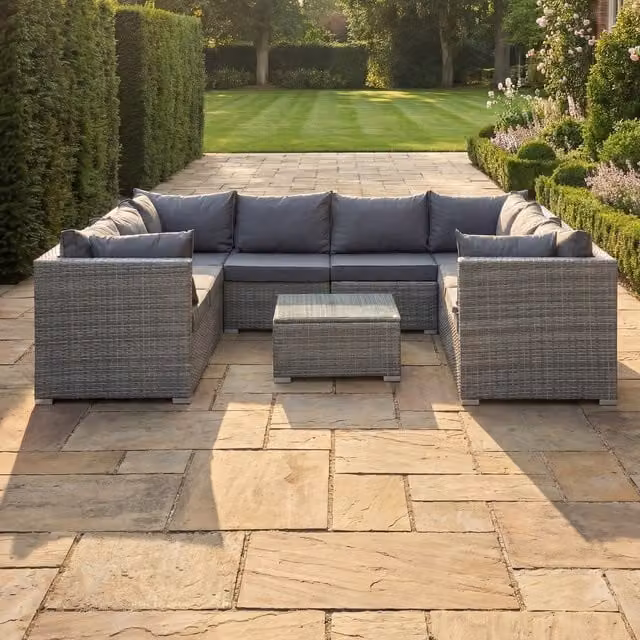 Artemis Home Oliena 8 Seat Modular Rattan Small U-Shape Garden Furniture Set in Grey and Brown