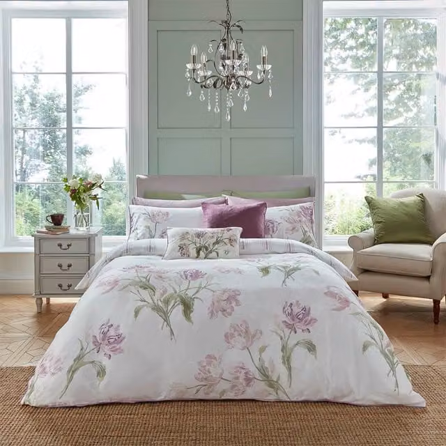 Laura Ashley Gosford Floral Cotton Mako Satin Duvet Cover and Pillowcase Set in Purple and White