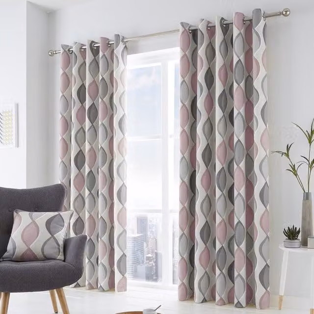 Fusion Lennox Modern Geo Print Eyelet Curtains in Pink, Width: 117 cm, Drop: 137 cm