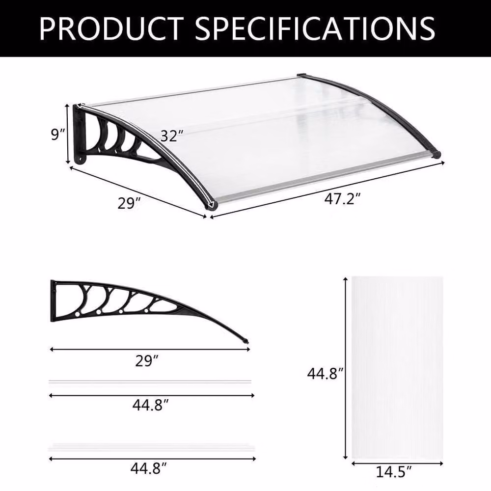 FLAVORA Clear Polycarbonate and Aluminium Outdoor Door and Window Rain Shelter Awning, W: 120 cm, D: 80 cm – 2