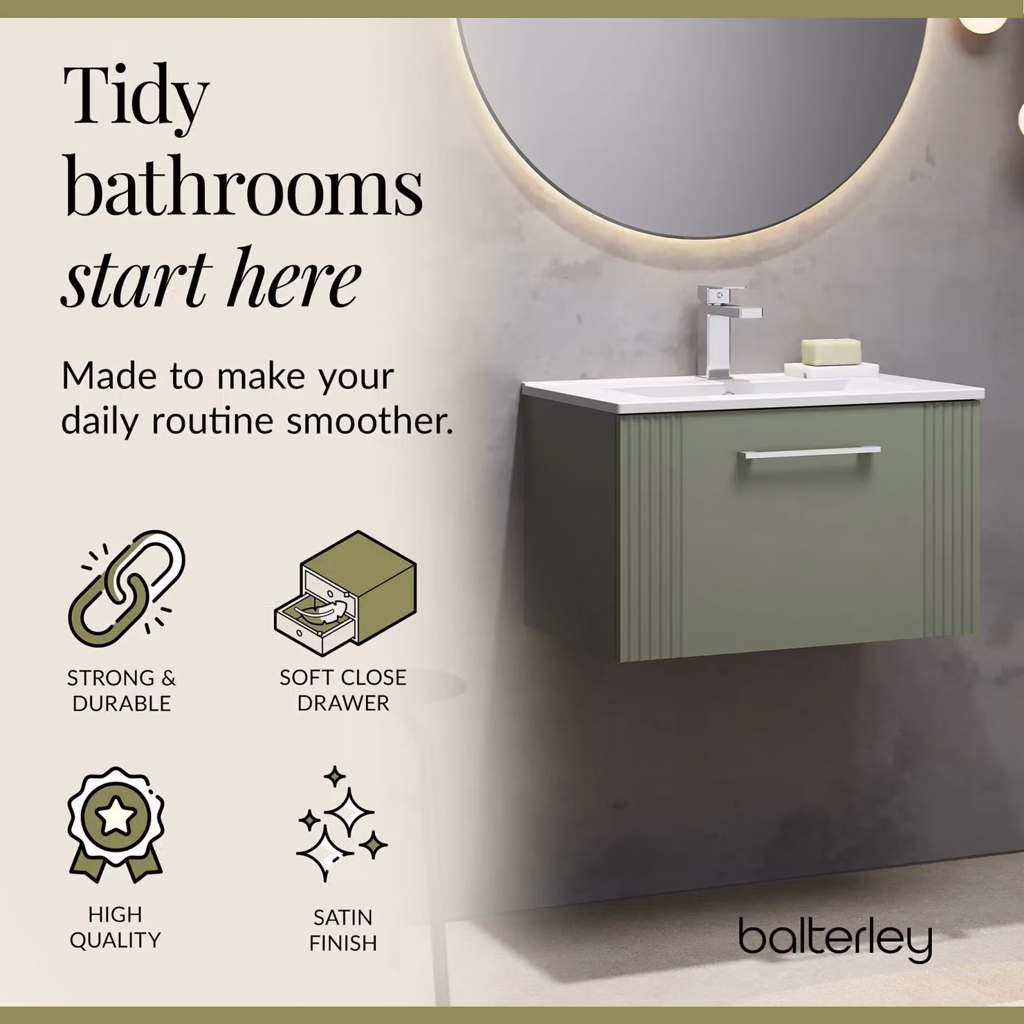 Balterley Wall Hung 1 Drawer Vanity Unit with Minimalist Basin, Satin Green, W: 60 cm – 3
