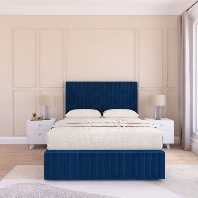 Sloomy Madison Divan Bed Set with Matching Footboard in Navy Blue Plush Velvet, W/D/H: 90 x 200 x 30.48 cm