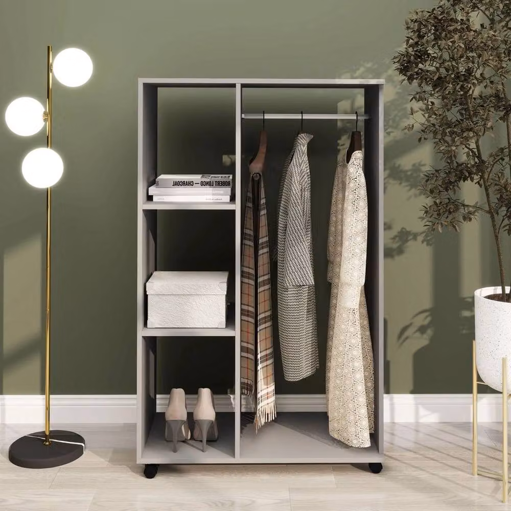 FORGEVIO Rolling Open Wardrobe with Hanging Rail and Storage Shelves in Matt Grey, W/D/H: 80 x 40 x 128 cm – 6