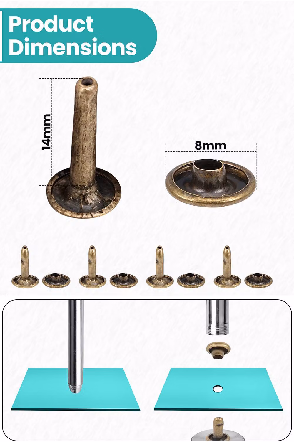 Neel Blue Extra Long Double Cap Studs, 50pcs Brass Tubular Rivets in Bronze, 8mm x 14mm – 2