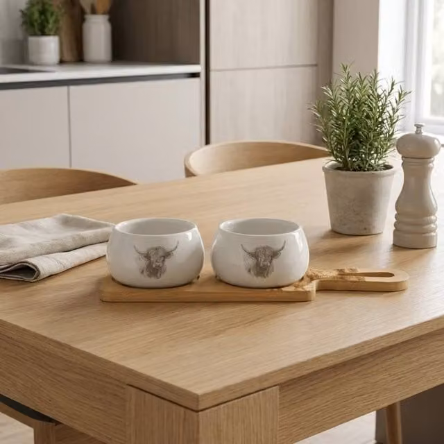 Garden Greatness Highland Cow Dip Bowl and Tray Set, Multicolour Ceramic and Bamboo