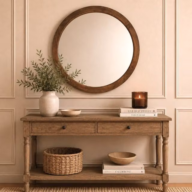 Elm Home And Garden Round Solid Mango Wood Wall Mirror in Brown – 1