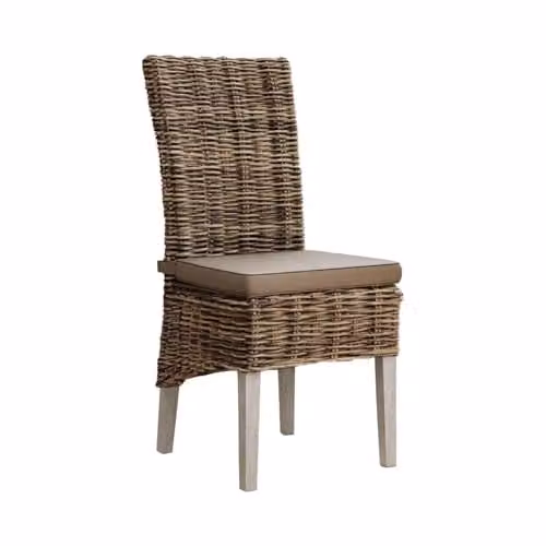 FWStyle Pair of Greywash Handmade Kubu Rattan Dining Chairs with Light Wood Legs, H 102 cm x W 45 cm x D 60 cm