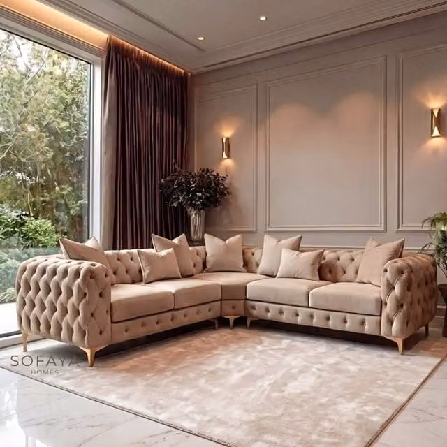 Sofaya Monaco Chesterfield 5 Seater Corner Sofa in Brown Velvet, Left Facing Chaise, W/D: 220 x 70 cm – 1