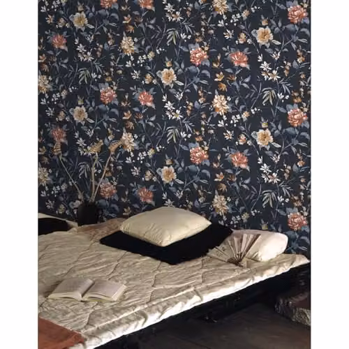 Holden Decor Oriental Trail Camellia Floral Wallpaper in Navy Blue and Orange – 2