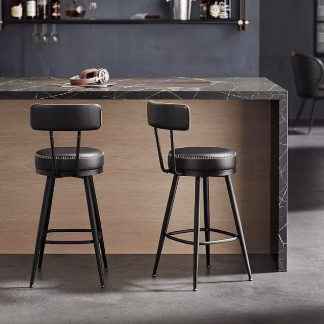 VASAGLE Set of 2 Modern 360 Swivel Bar Stools with Backrests in Black Synthetic Leather and Metal – 1