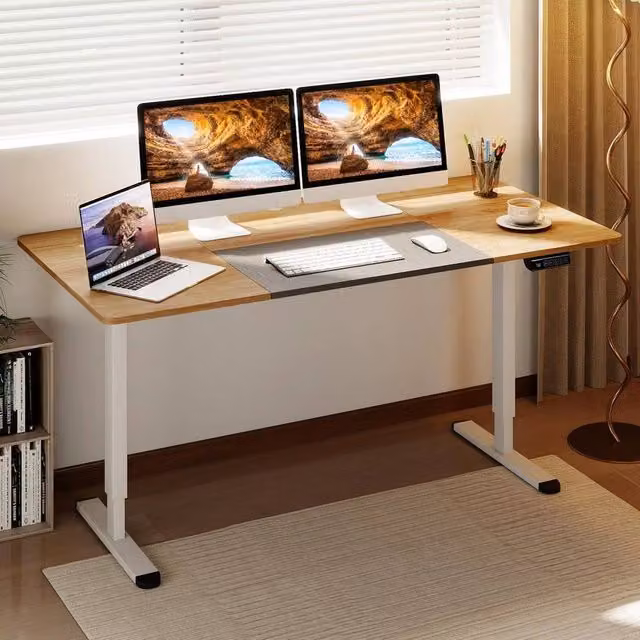 KORVIXA Electric Height Adjustable Computer Desk in Beige, W: 140 cm, D: 70 cm, H: 72 cm – 1