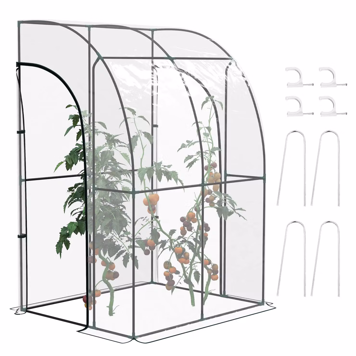 OUTSUNNY Clear Walk-In Lean-to Wall Tunnel Plastic Greenhouse with Doors, W/D/H: 143 x 118 x 212 cm – 2