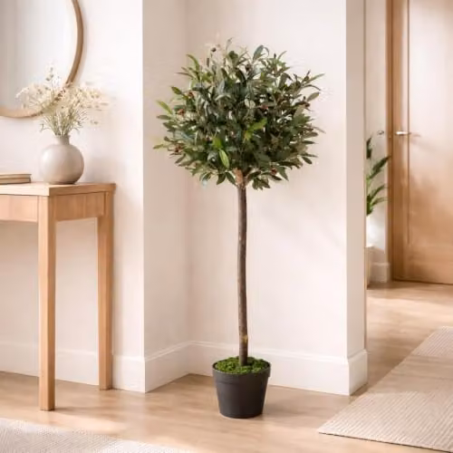 Leaf Design UK Artificial Mediterranean Olive Bay Style Topiary Tree in Green with Black Plastic Pot, Height: 120 cm – 2