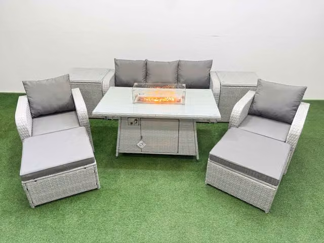 Fimous PE Rattan Garden Furniture Set in Light Grey with Reclining Chairs, Sofa, Firepit, Dining Table, 2 Side Tables and 2 Footstools