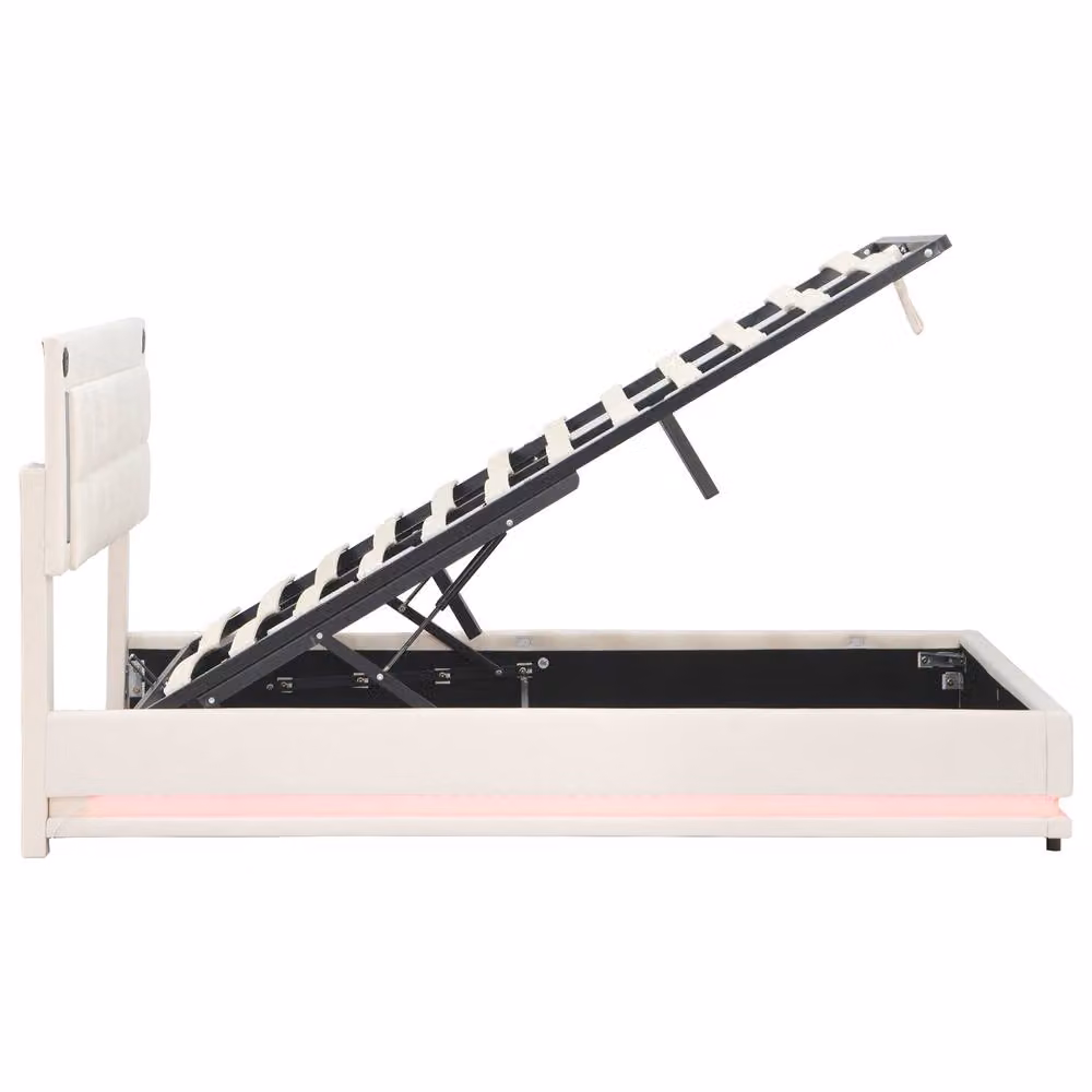 BTM Beige 5ft King LED Hydraulic Bed with USB Charging and Tufted Headboard, W/D/H: 150 x 200 x 47.4 cm – 3