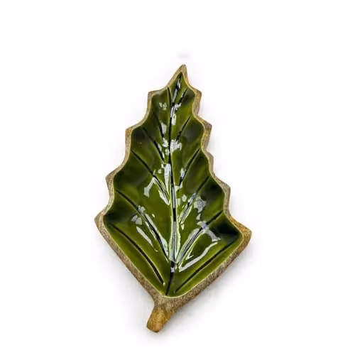 Serenityy Lost in the Forest Enamel Leaf Wooden Bowl in Emerald Green, W: 33 cm, D: 17 cm, H: 17 cm